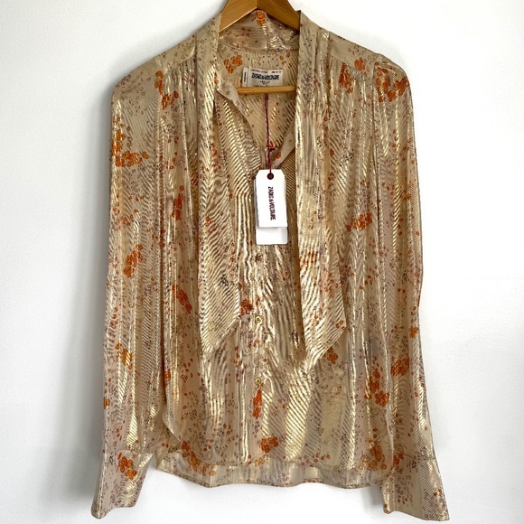 NWT Zadig & Voltaire Tioly Gold Lame Flowers Blouse Necktie Size XS 70s Boho - Picture 4 of 13